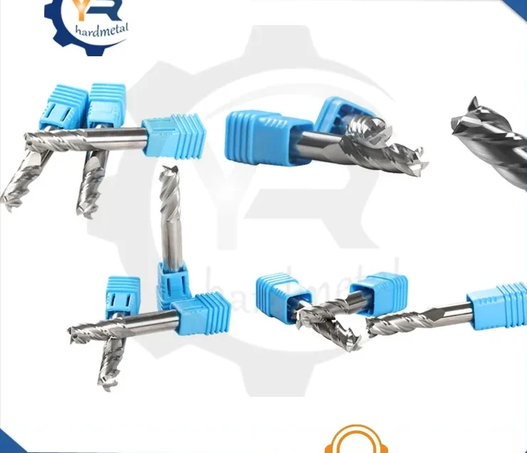 Collage of carbide ball nose end mill cutters with blue plastic handle covers on a white background