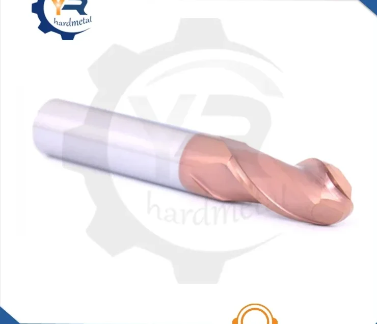 Copper-coated ball nose end mill with steel shank shown diagonally on a white background