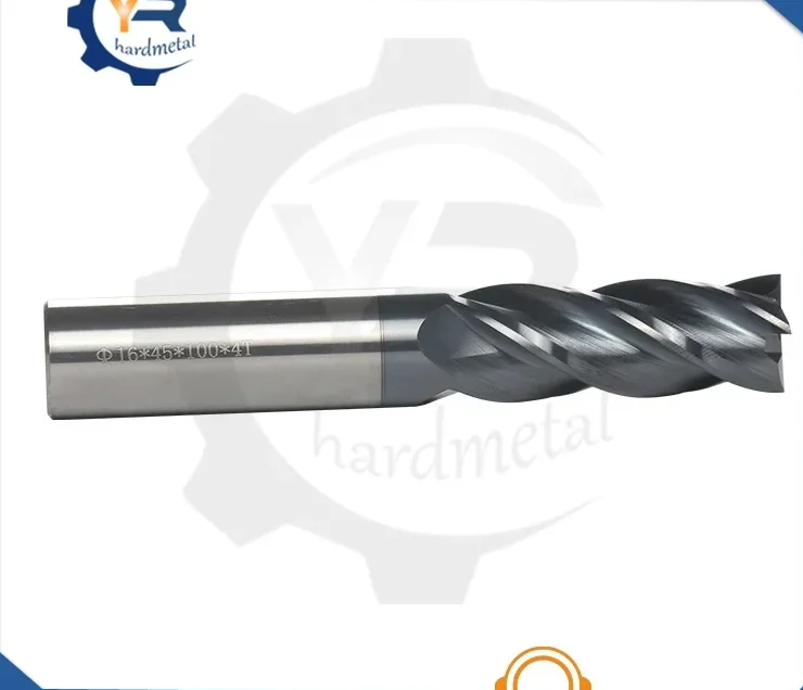 Spiral-fluted carbide end mill with dark coating and polished shank, shown against watermarked background