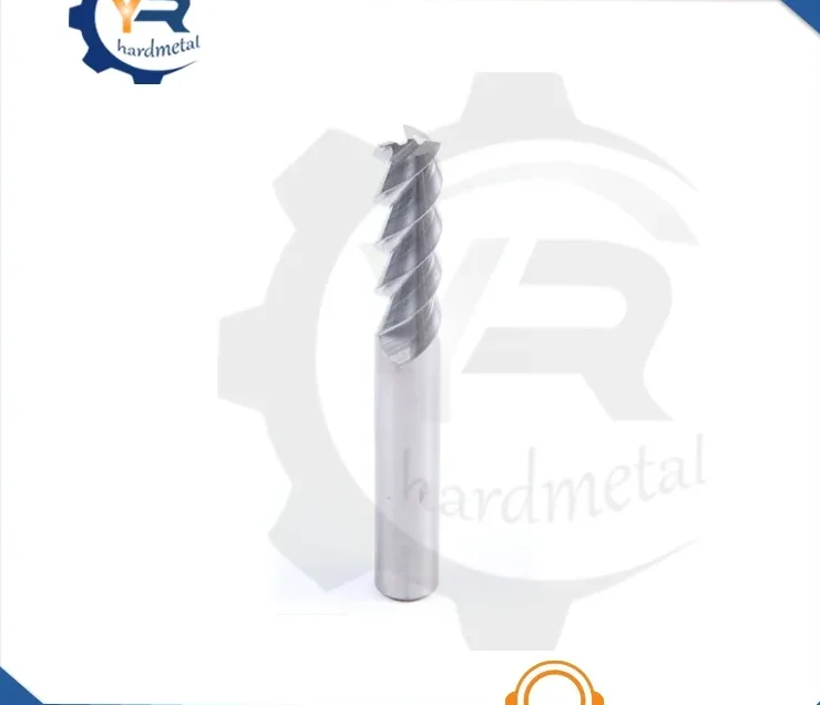 Three-flute solid carbide end mill with bright spiral flutes on a white background