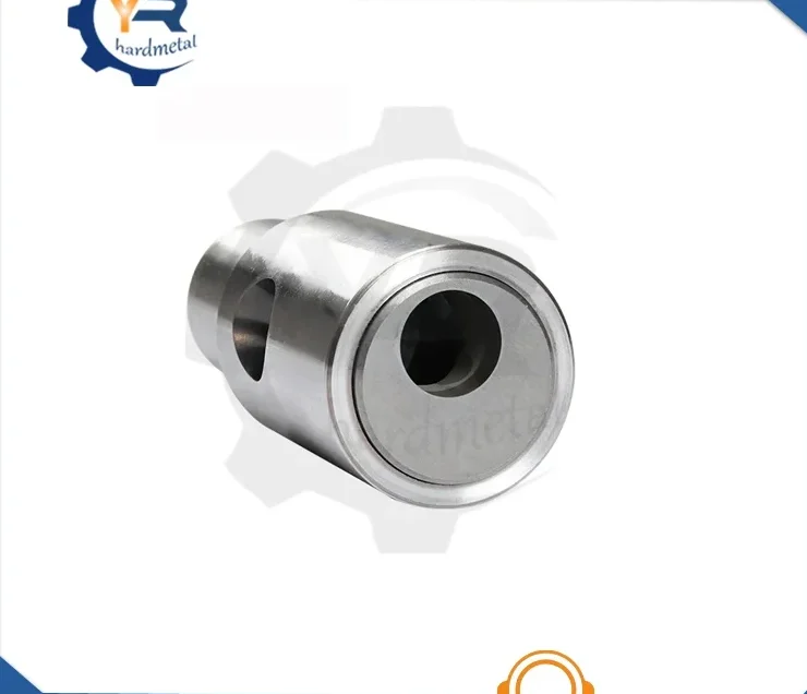 Polished cylindrical tungsten carbide valve core with center bore on white background