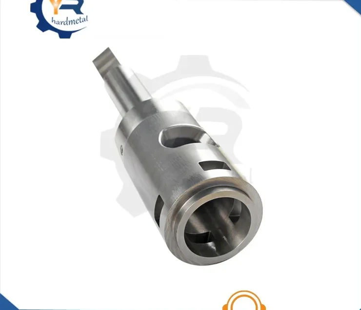 Polished cylindrical metal valve component with milled slots and stepped shaft, isolated on white background