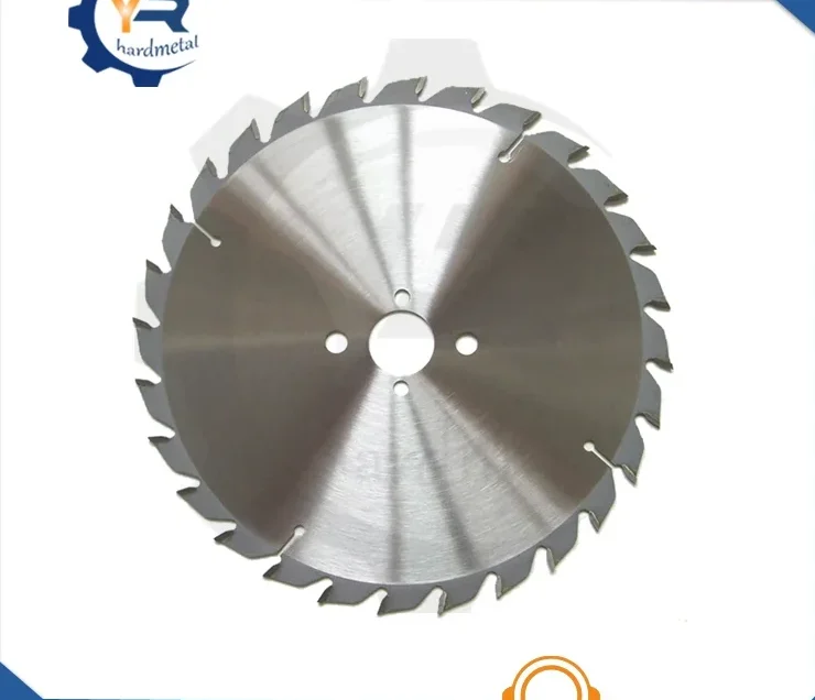 Carbide-tipped circular saw blade with steel body and cutting teeth on a white background