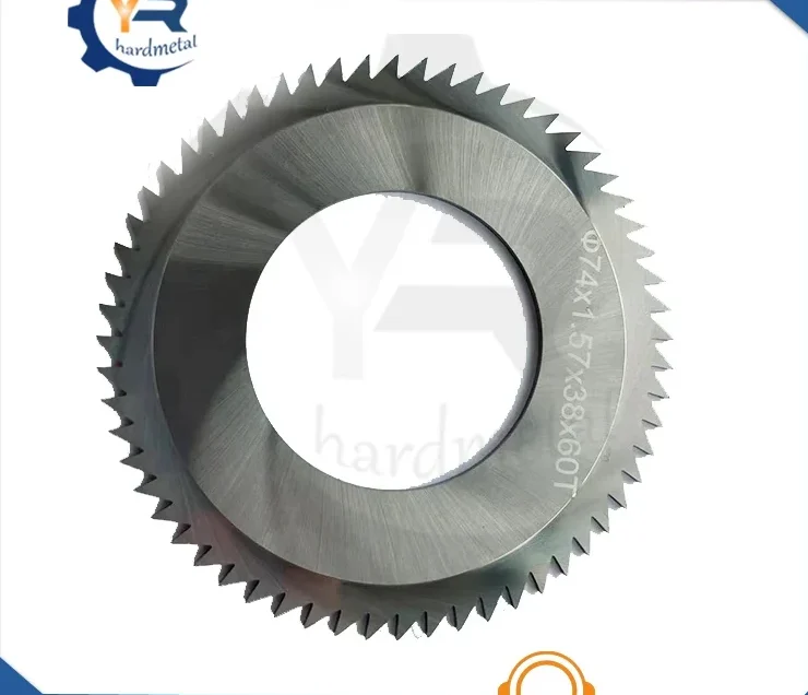 Carbide circular saw blade with sharp ground teeth and size marking, on a white background
