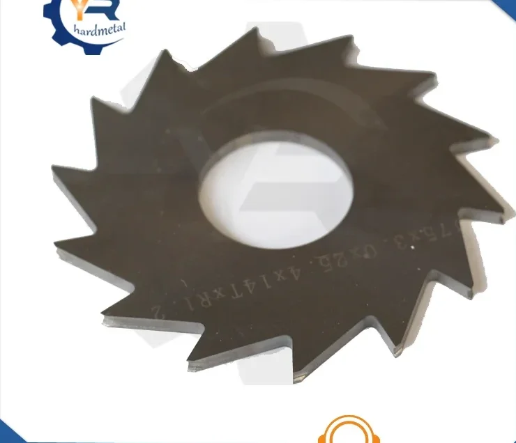 Circular slitting saw blade with sharp triangular teeth and center hole, photographed at an angle