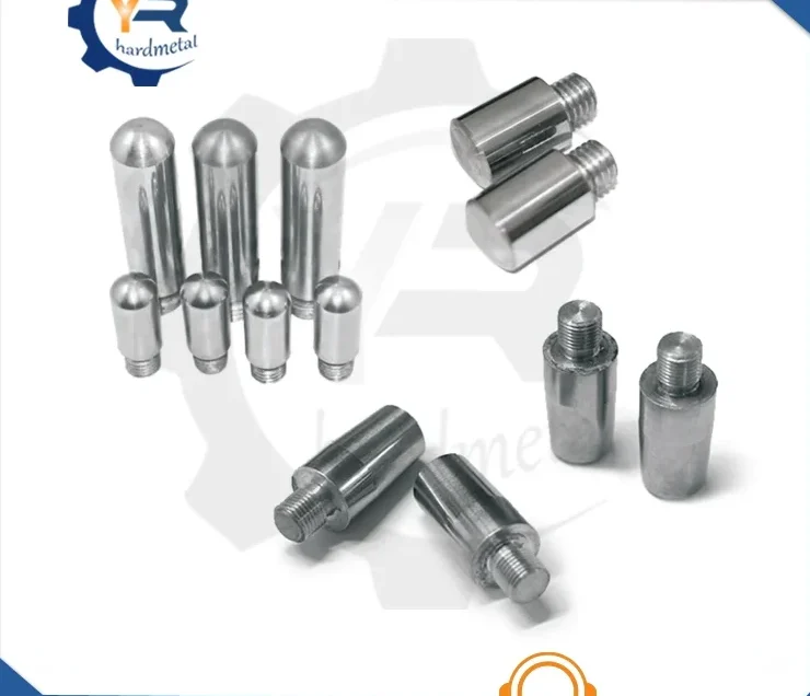 Polished tungsten carbide pins with dome tips and threaded ends in various sizes