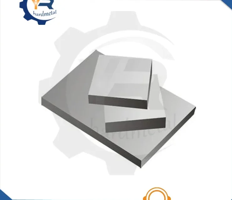 Gray tungsten carbide plates stacked at an angle, overlaid with a gear-shaped watermark and company logo