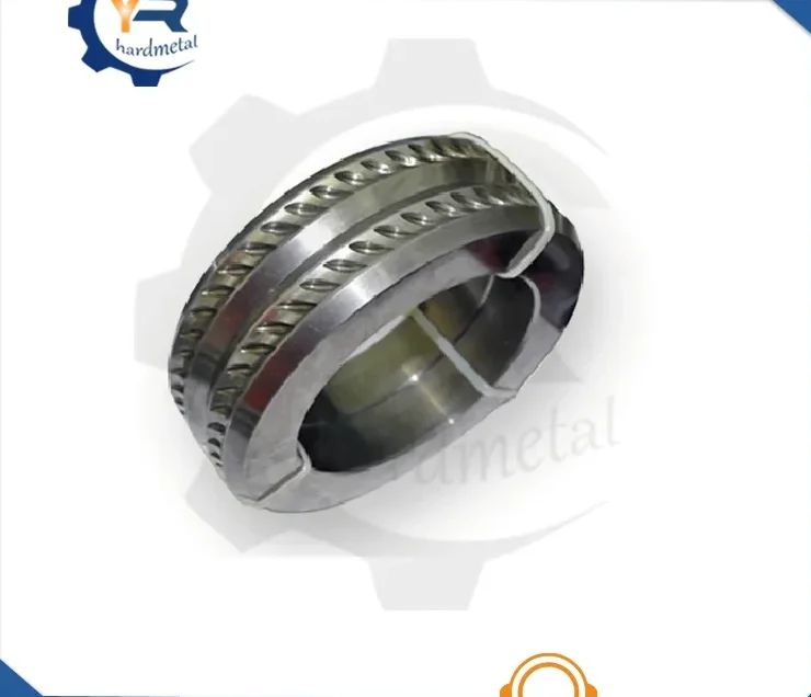 Tungsten carbide roller ring with helical thread grooves for a rolling mill, metallic gray finish