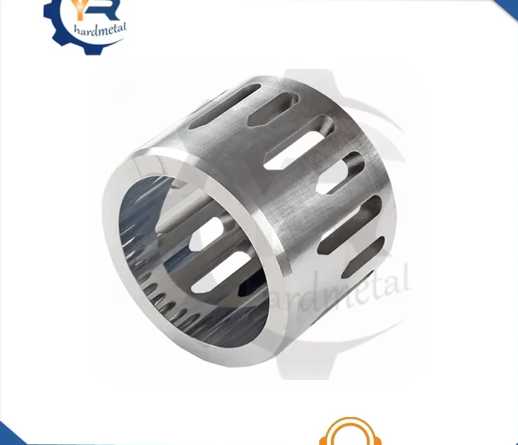 Slotted tungsten carbide sleeve bushing with polished metallic finish on a white background