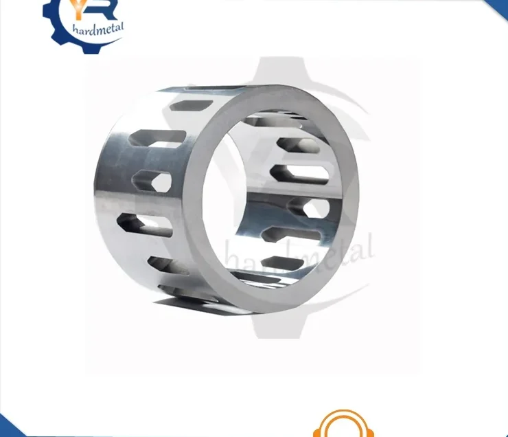 Slotted tungsten carbide sleeve with elongated oval cutouts shown on a white background