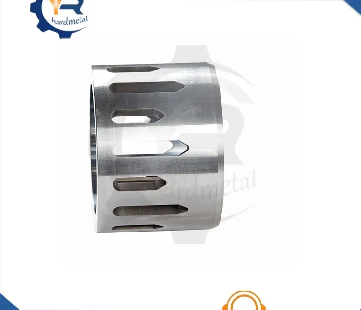 Slotted tungsten carbide sleeve with polished cylindrical surface and elongated cutouts