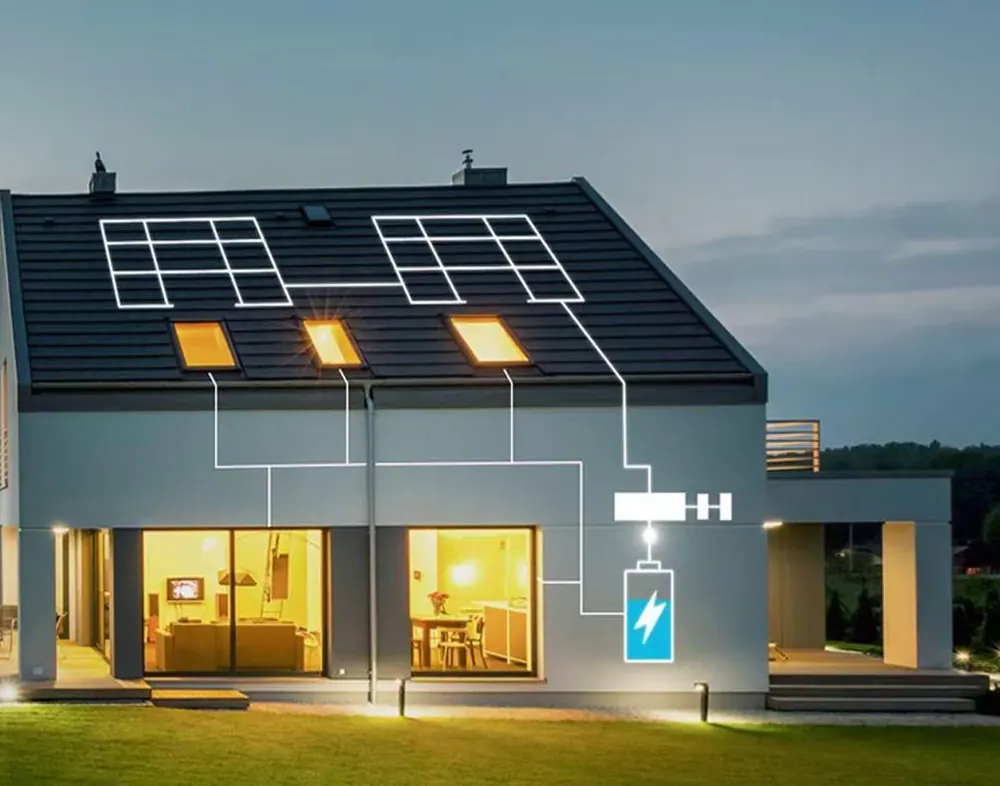 Home with rooftop solar and wall-mounted storage at dusk