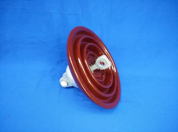 Brown glazed porcelain suspension insulator with galvanized fittings