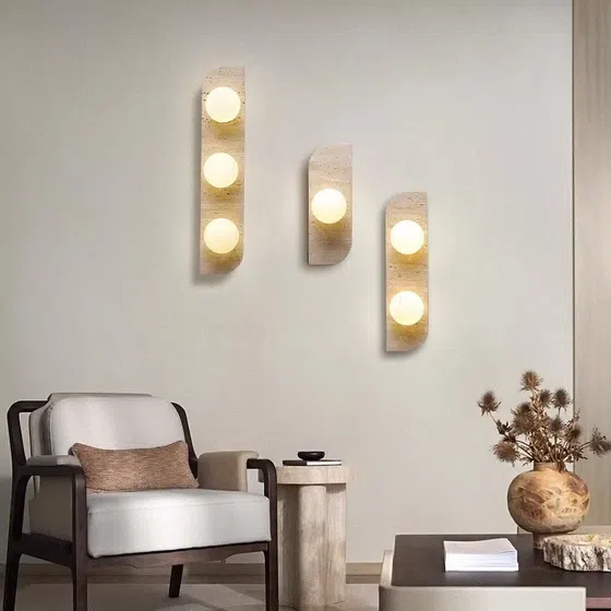 1/2/3 Heads Natural Stone Wall Lamp in Wood and Yellow Travertine, product photograph