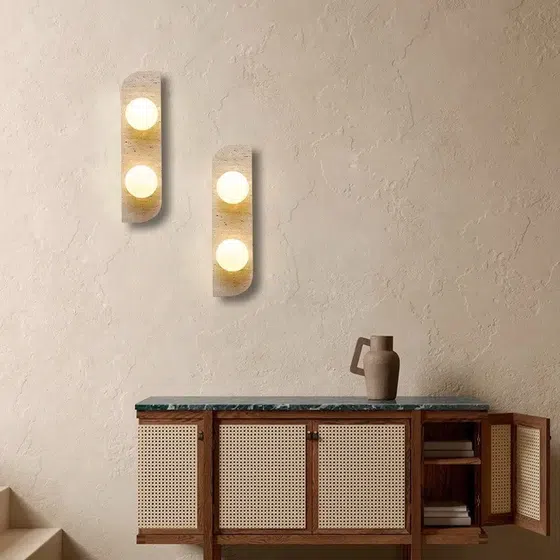 1/2/3 Heads Natural Stone Wall Lamp in Wood and Yellow Travertine, detail view