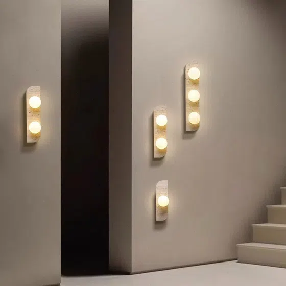 1/2/3 Heads Natural Stone Wall Lamp in Wood and Yellow Travertine, installed view