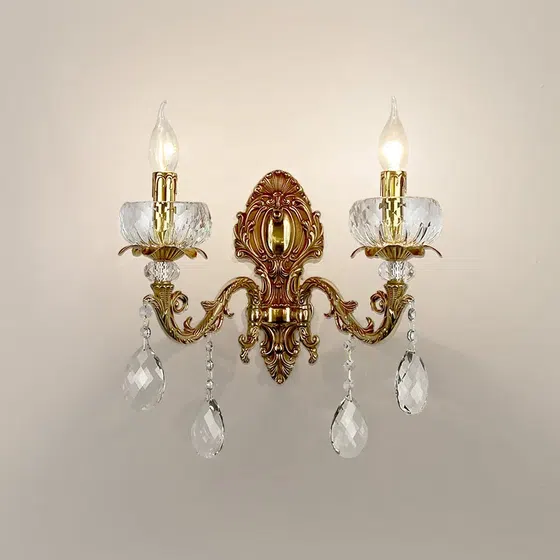 1-2 Heads Glass Tube Copper Wall Lamp in Iron and Glass and Crystal, detail view