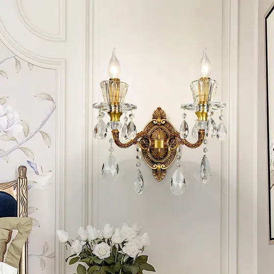 1-2 Heads Glass Tube Copper Wall Lamp in Iron and Glass and Crystal, installed view
