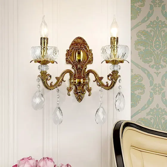 1-2 Heads Glass Tube Copper Wall Lamp in Iron and Glass and Crystal, scale view