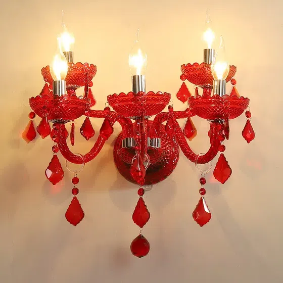 1-5 Heads Red Crystal Glass Wall Lamp in Glass and Iron and Crystal, scale view