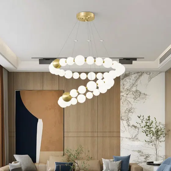 10-32 Heads PE Ball Gold Pendant Lamp in Aluminum and PE, installed view