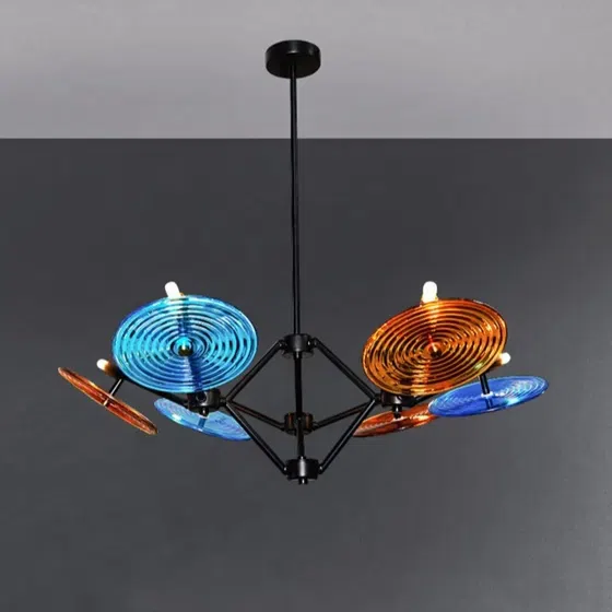 12 Heads Black Coffee Blue Pendant Lamp in Iron Plating and Glass, product photograph