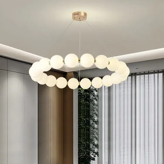 13-58 Heads White Ball Pendant Lamp in Aluminum and PE, installed view