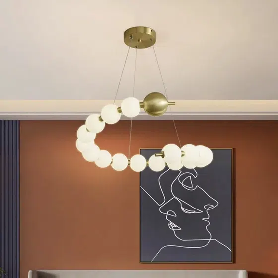 15-30 Heads PE Ball Copper Pendant Light in Aluminum and PE, installed view