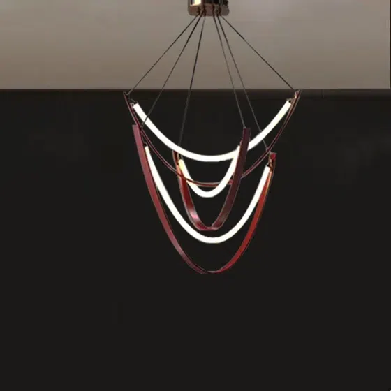3 Heads Copper Leather Pendant Lamp in Acrylic and Aluminum and Leather, installed view