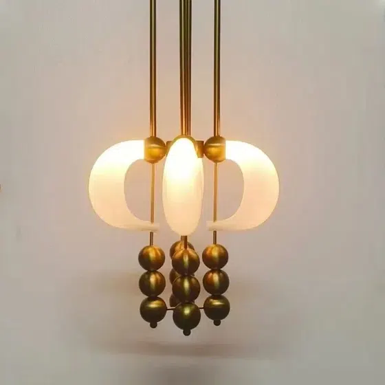 3 Heads Iron Hanging Glass Pendant Lamp in Glass and Iron Plating, detail view