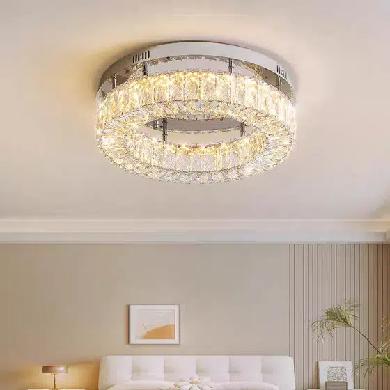 30W Round Crystal Ceiling Lamp in Stainless Steel and Crystal, detail view