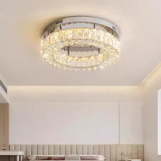 30W Round Crystal Ceiling Lamp in Stainless Steel and Crystal, installed view