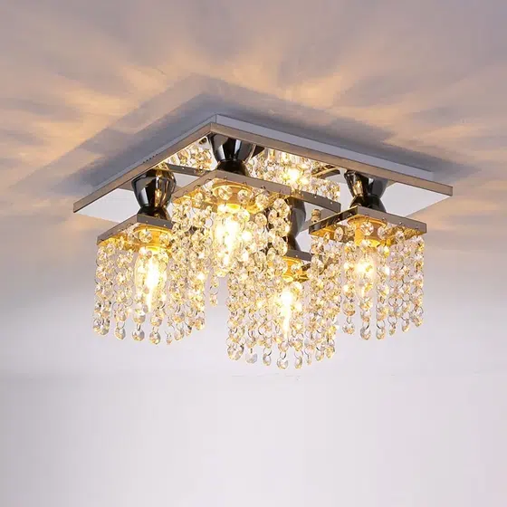 4 Heads Square Crystal Ceiling Light in Stainless Steel and Crystal, product photograph