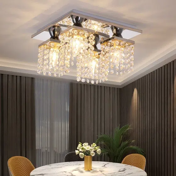 4 Heads Square Crystal Ceiling Light in Stainless Steel and Crystal, detail view