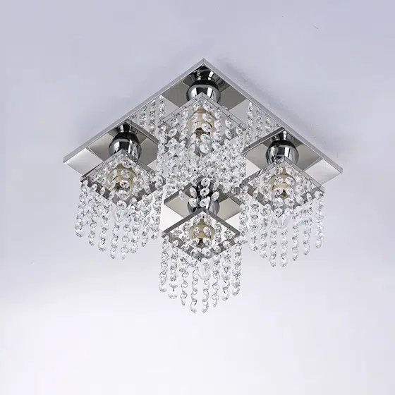 4 Heads Square Crystal Ceiling Light in Stainless Steel and Crystal, installed view
