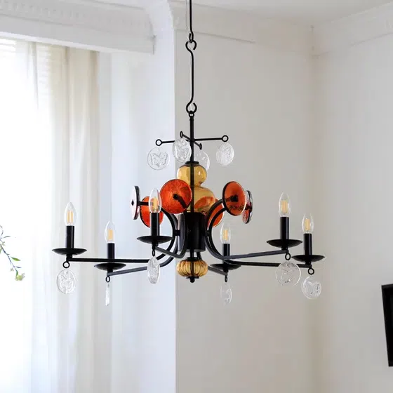 5-8 Heads Retro Iron Glass Pendant Lamp in Iron Plating and Glass, detail view