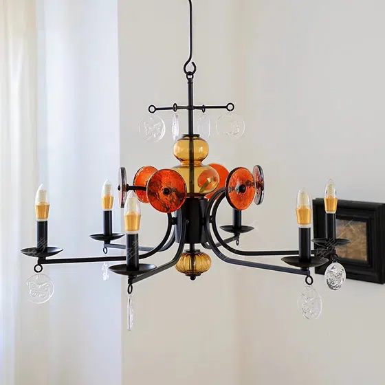 5-8 Heads Retro Iron Glass Pendant Lamp in Iron Plating and Glass, installed view