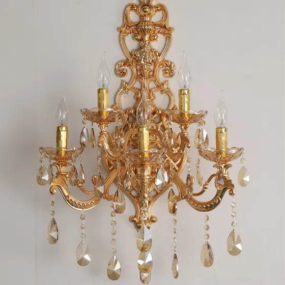5 Heads Crystal Glass Wall Lamp in Glass and Iron and Crystal, installed view