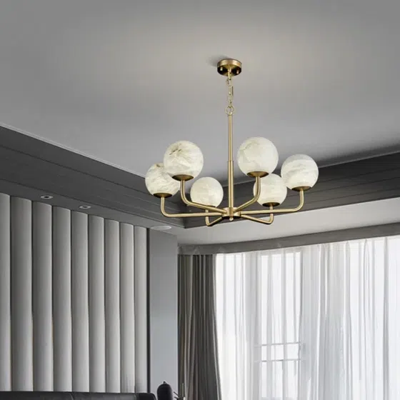 6/8 Heads Copper Marble White Pendant Lamp in Copper and Marble, installed view