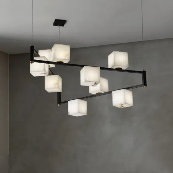 6-9 Heads Cube Marble Pendant Light in Copper and Marble, detail view