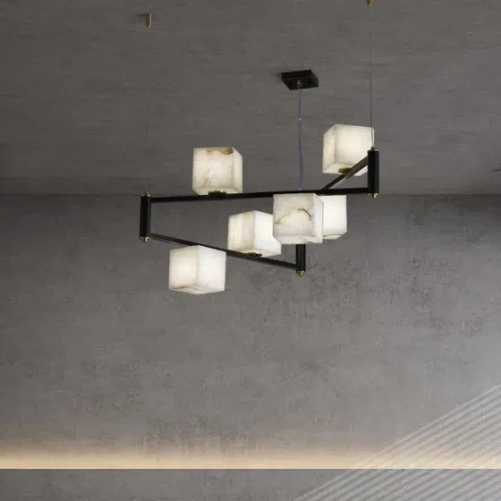 6-9 Heads Cube Marble Pendant Light in Copper and Marble, installed view