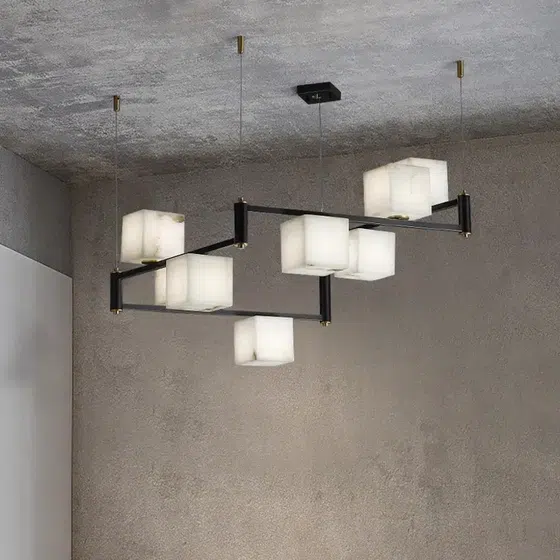 6-9 Heads Cube Marble Pendant Light in Copper and Marble, scale view