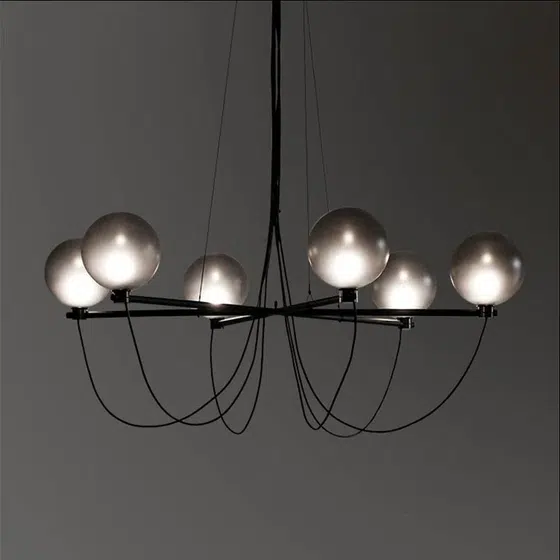 6 Heads Black Glass Pendant Light in Glass and Iron Plating, product photograph
