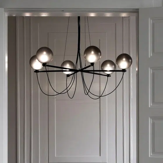 6 Heads Black Glass Pendant Light in Glass and Iron Plating, installed view
