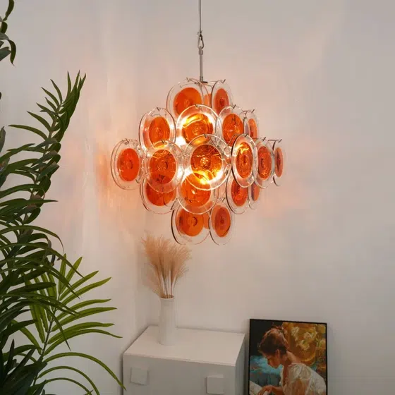6 Heads Red Clear Glass Iron Pendant Lamp in Iron and Glass, installed view