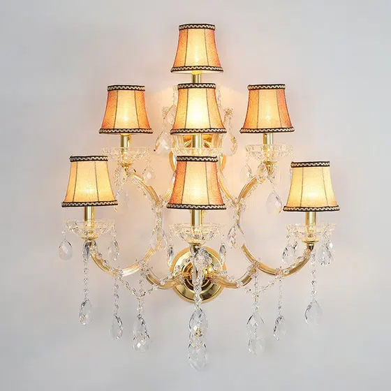 7 Heads Candle Gold Glass Wall Light in Glass and Iron and Crystal, product photograph