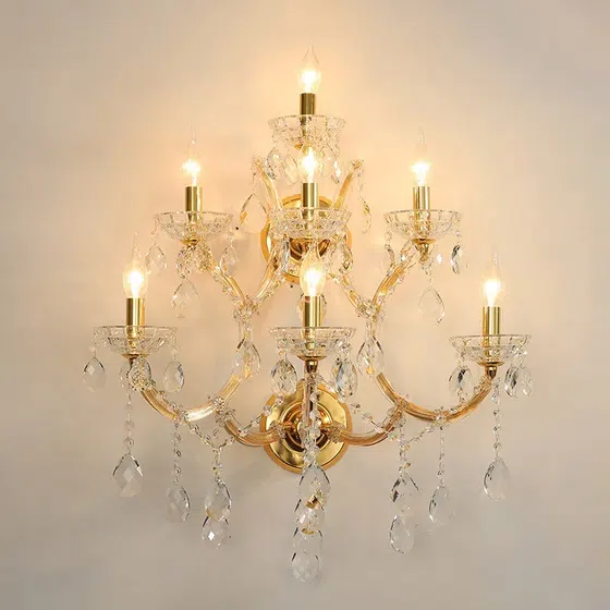 7 Heads Candle Gold Glass Wall Light in Glass and Iron and Crystal, detail view