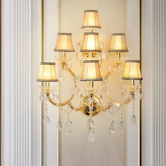 7 Heads Candle Gold Glass Wall Light in Glass and Iron and Crystal, installed view