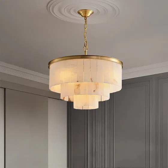 8-21 Heads Copper Marble Brass Pendant Lamp in Copper and Alabaster, installed view