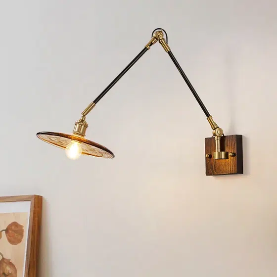 Japanese Retro Adjustable Walnut Wood Glass Wall Lamp in Iron and Glass and Wood, product photograph